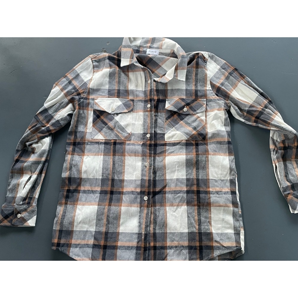 Weekends Everyday Plaid Button Down Shirt Grey Brown White Size M